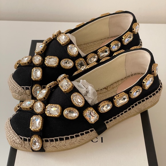 sz 35G - Gucci Espadrilles Crystal Canvas Black Pepita - Picture 1 of 5